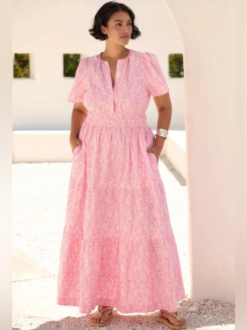 Anthropologie Pink Leaf-Print Short-Sleeve Maxi Dress